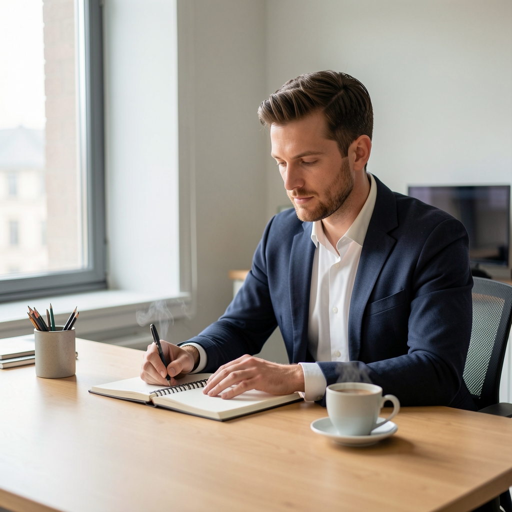 Male editorial writer working at a clean desk with notebook and morning coffee, natural light from a large window, focused composition