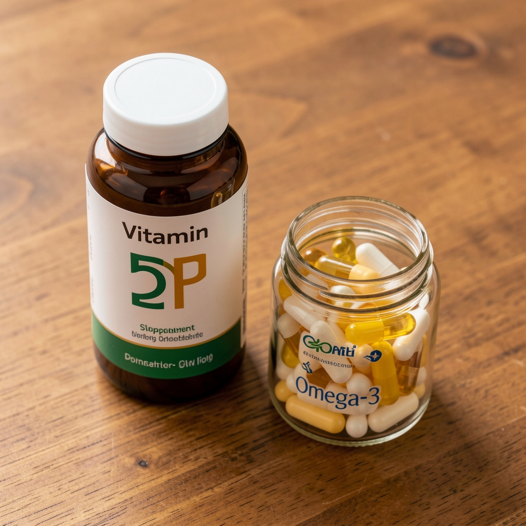 Close-up of vitamin D supplement bottle and omega-3 capsule jar on a warm wooden surface, overhead editorial composition, minimal styling
