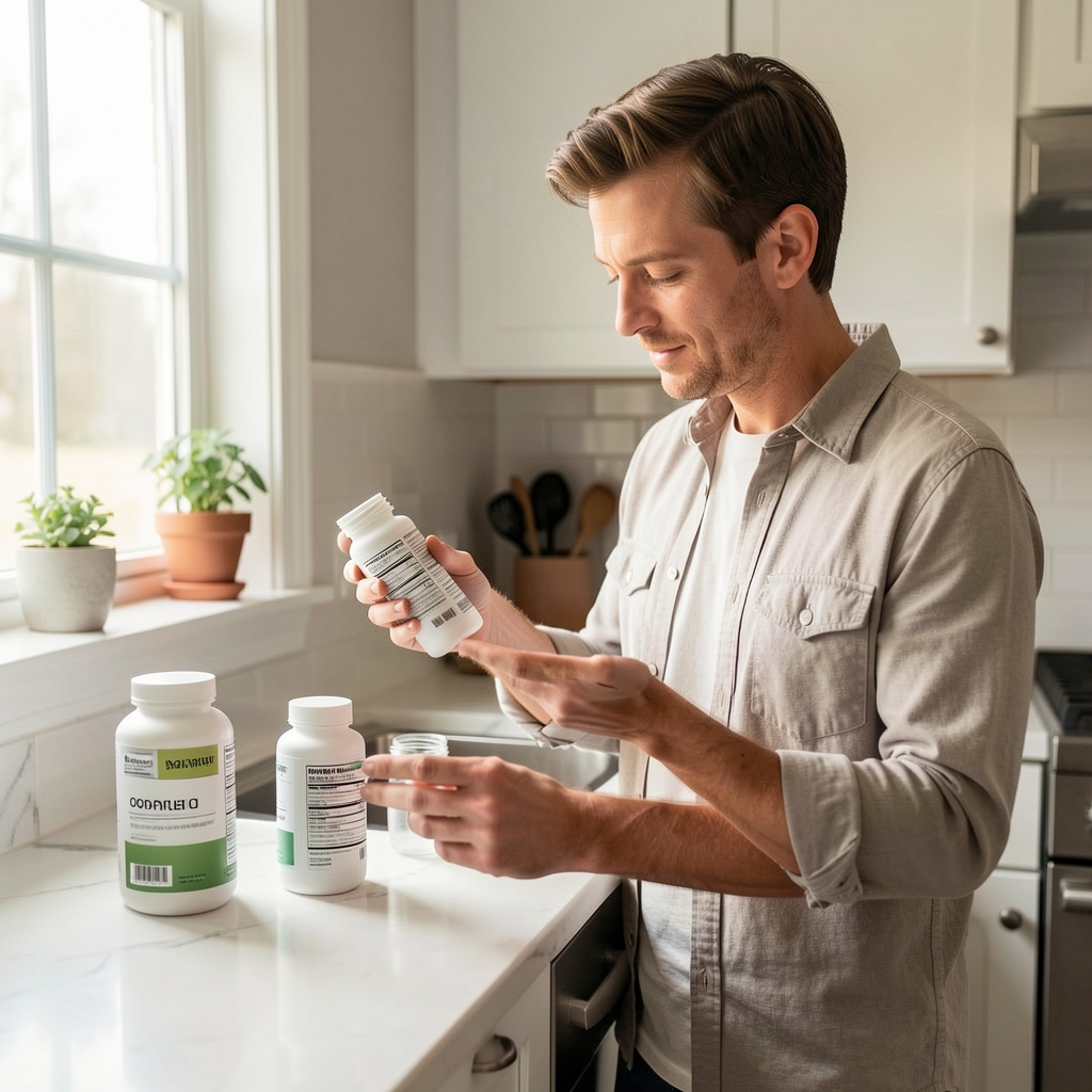 Man reviewing supplement labels at a clean kitchen counter with morning light, intentional morning routine composition, neutral editorial tones