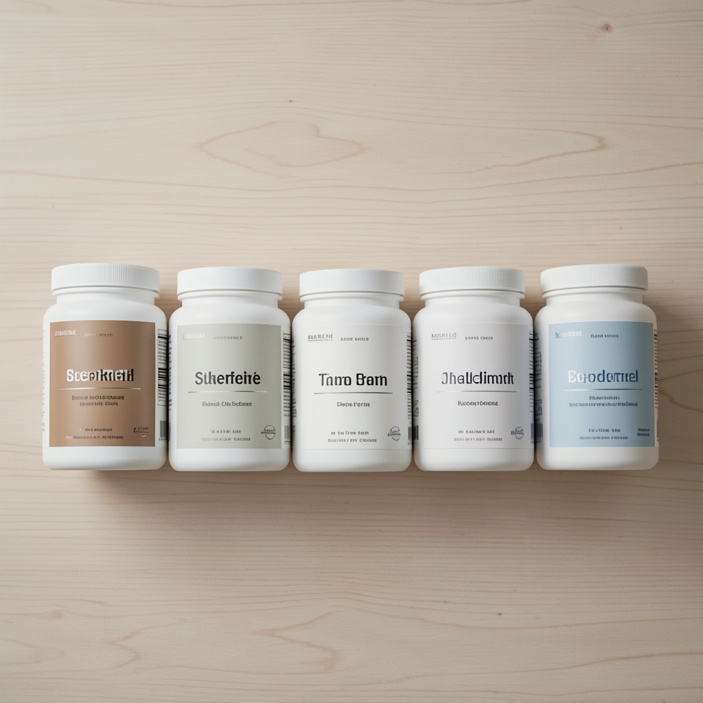 Row of supplement containers arranged neatly on a pale wooden surface, morning editorial flat lay, neutral tones