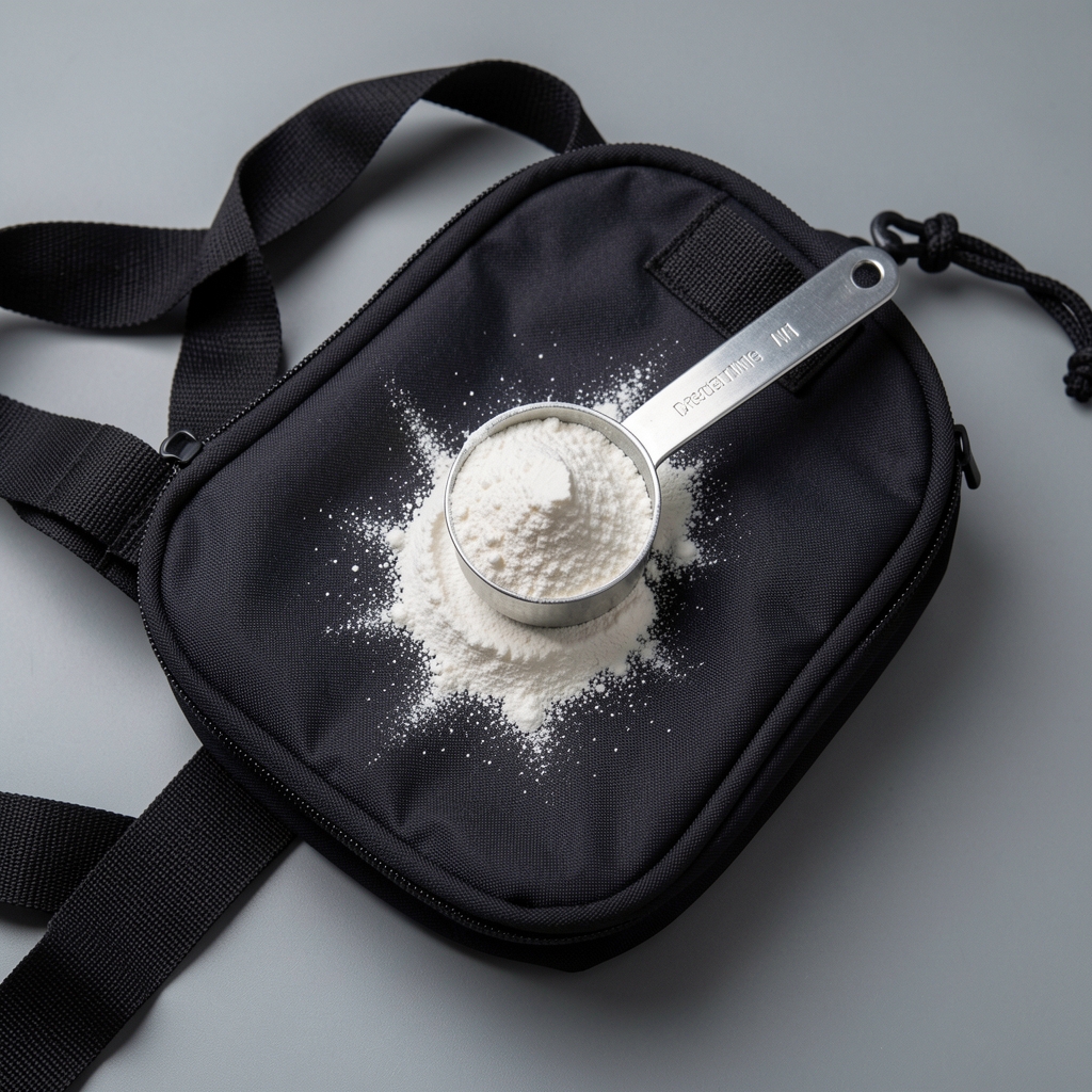 Creatine monohydrate powder in a measuring scoop on a gym bag, editorial flat lay, neutral grey background, controlled composition