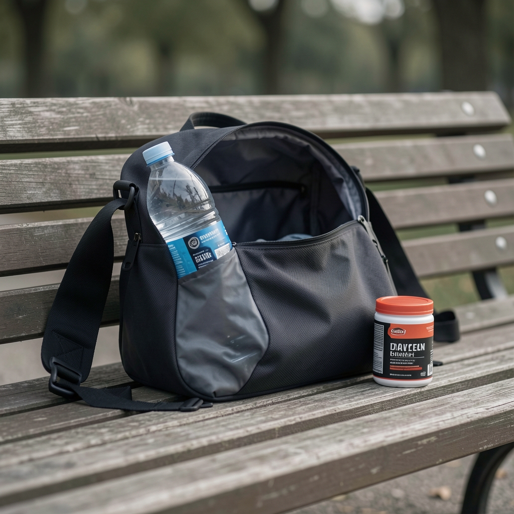 Gym bag open on a bench with water bottle and supplement container visible, post-training editorial still life, muted colour palette