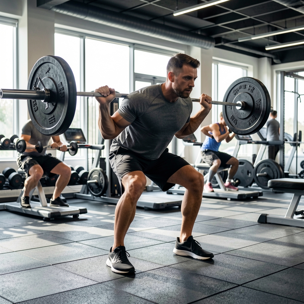 Man performing barbell exercises in a well-lit gym, resistance training session, editorial action serving