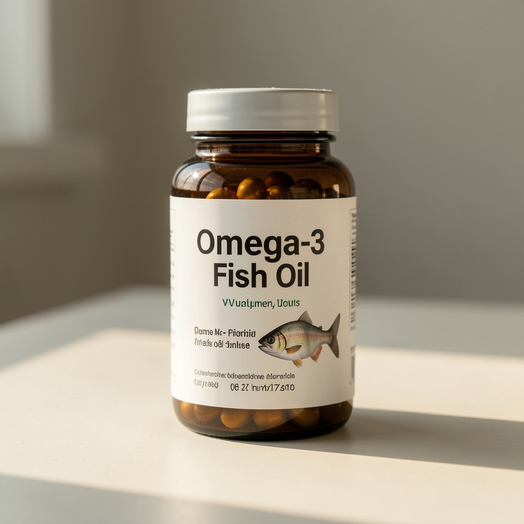 Close-up of omega-3 fish oil supplement container on a light surface with morning light, editorial still life, calm composition