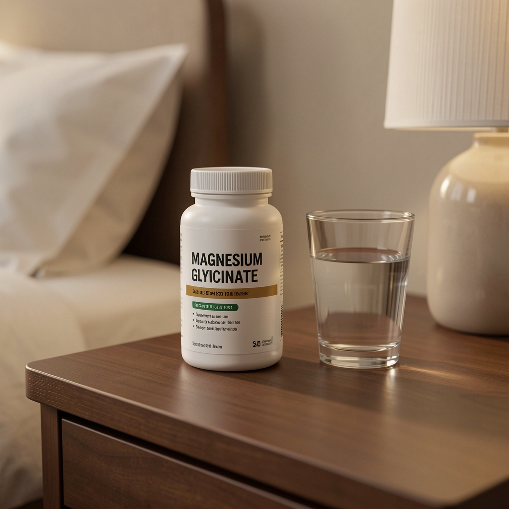 Magnesium glycinate supplement container on a bedside table with a glass of water, evening supplement routine editorial composition, muted warm tones