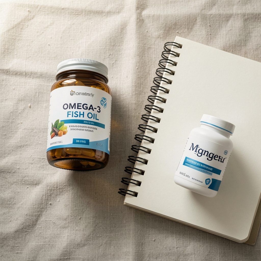 Overhead editorial arrangement of omega-3 fish oil capsule jar and magnesium supplement alongside a workout notebook on a light linen surface