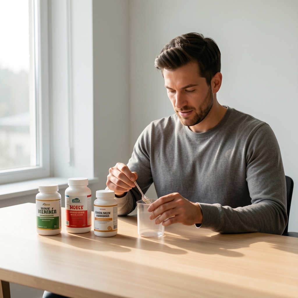 Active man reviewing supplement containers on a minimalist wooden desk, natural morning light, editorial composition